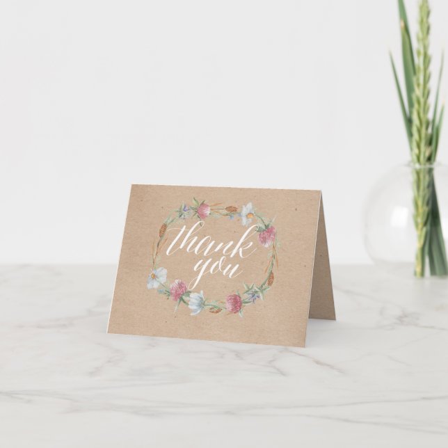 Wildflower Wreath On Kraft Country Wedding Thanks Thank You Card (Front)