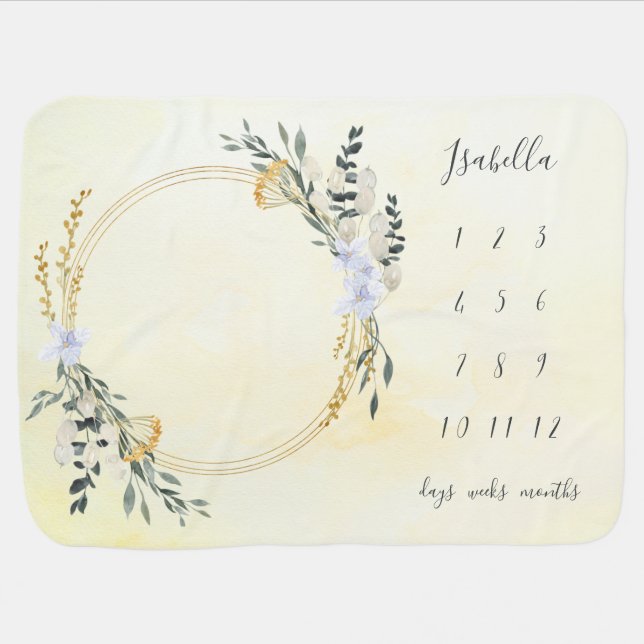 Wildflower Wreath on Yellow Milestone Baby Blanket (Horizontal)