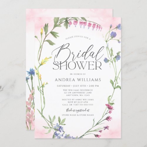 Wildflower Wreath Pink Watercolor Bridal Shower Invitation