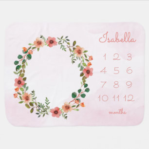 Wildflower Wreath Pink Watercolor Milestone Baby Blanket