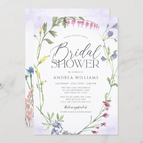 Wildflower Wreath Purple Watercolor Bridal Shower Invitation