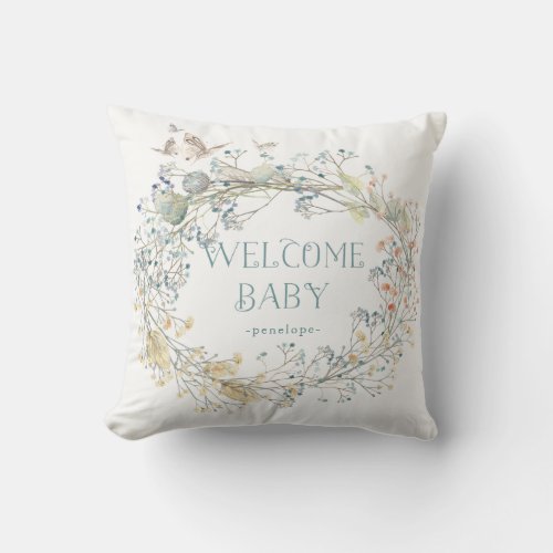 Wildflower Wreath with Butterfly  Welcome Baby Throw Pillow