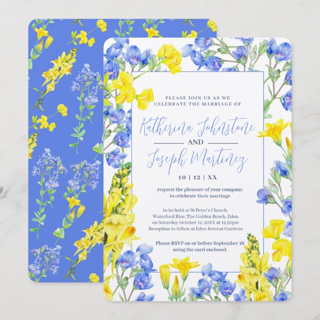 Wildflower yellow blue watercolor botanic wedding invitation (Front/Back)
