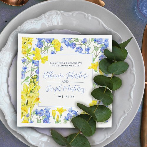 Wildflower yellow blue watercolor botanic wedding napkins