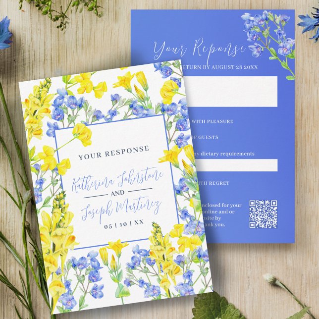Wildflower yellow blue watercolor botanic wedding RSVP card (Creator Uploaded)