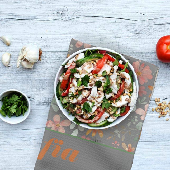 Wildflower yellow boho pattern custom name grey kitchen towel (Creator Uploaded)