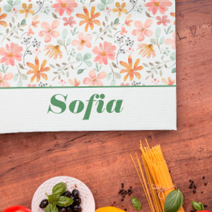 Wildflower yellow boho pattern custom name white kitchen towel