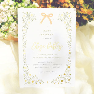 Wildflower & Yellow Bow Elegant Garden Baby Shower Foil Invitation
