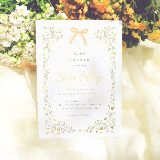 Wildflower & Yellow Bow Elegant Garden Baby Shower Foil Invitation (Creator Uploaded)