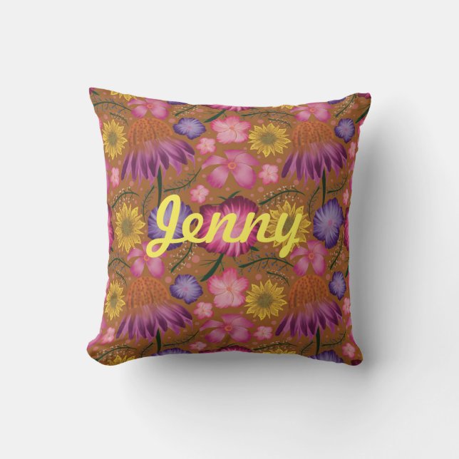Wildflower Yellow Floral Personalized Throw Pillow (Front)