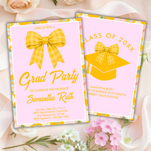 Wildflower Yellow Gingham Bow Graduation Party Invitation