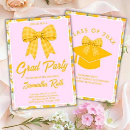 Wildflower Yellow Gingham Bow Graduation Party Invitation