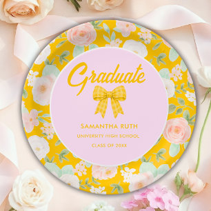 Wildflower Yellow Gingham Bow Graduation Party Paper Plates