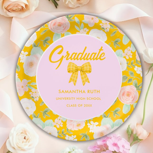 Wildflower Yellow Gingham Bow Graduation Party Paper Plates (Creator Uploaded)