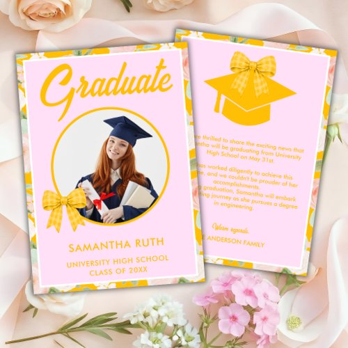 Wildflower Yellow Gingham Bow Photo Graduation Announcement