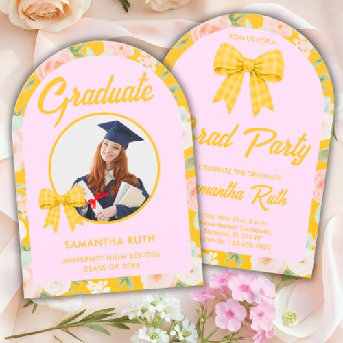 Wildflower Yellow Gingham Bow Photo Graduation Invitation