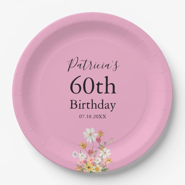Wildflowers 60th Birthday Pink Party Paper Plates (Front)
