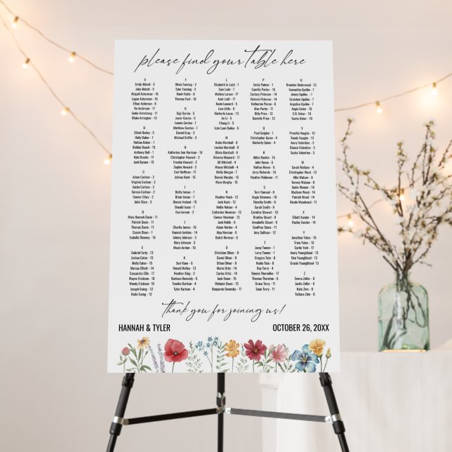 Wildflowers Alphabetical Seating Chart 170 Names Foam Board (In Situ (Stand))