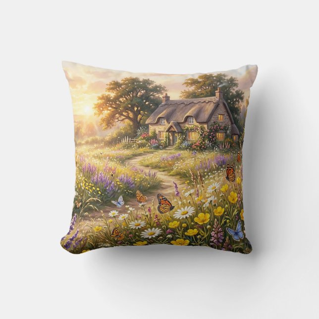 Wildflowers and a Cute Cottage Throw Pillow (Front)