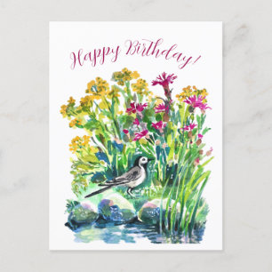 Wildflowers and a pied wagtail postcard