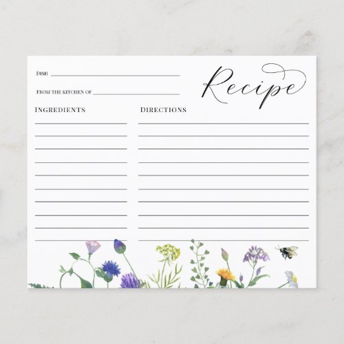 Wildflowers and Bees Bridal Shower Recipe card