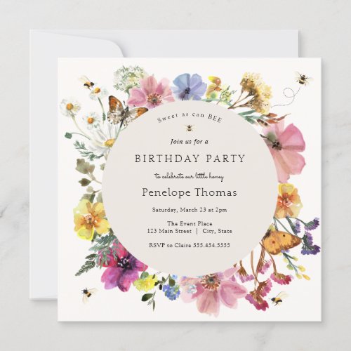 Wildflowers and Bees Little Honey Birthday Invitation