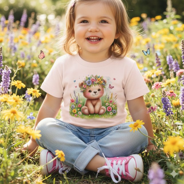 Wildflowers and Butterflies Beary Cute  Toddler T-shirt ( Whimsy in bloom: toddler joyfully picks flowers in teddy tee with butterflies)