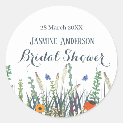 Wildflowers and butterflies bridal shower   classic round sticker