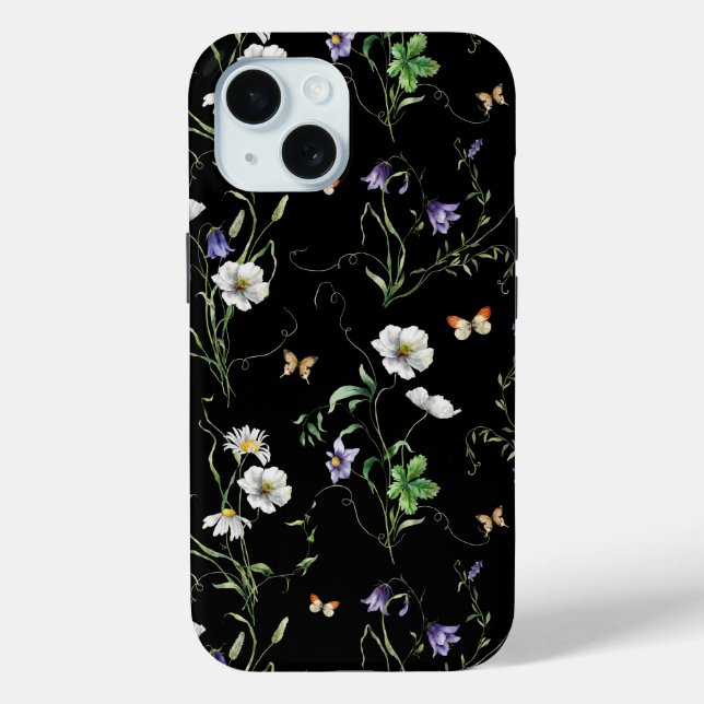 Wildflowers and Butterflies On Black Case-Mate iPhone Case (Back)