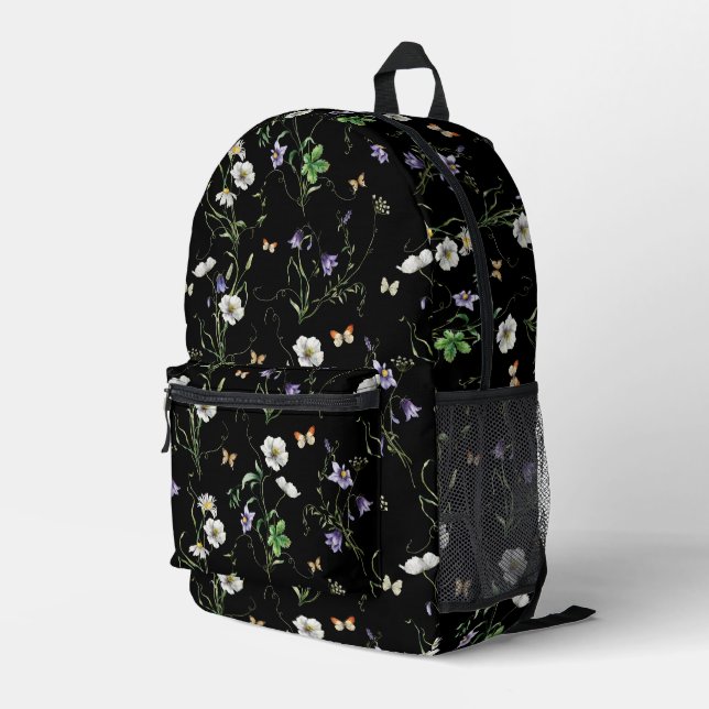Wildflowers and Butterflies On Black Printed Backpack (Back Corner Right)