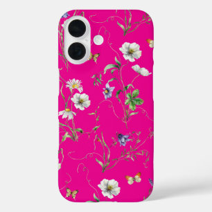 Wildflowers and Butterflies On Neon Pink iPhone 16 Case
