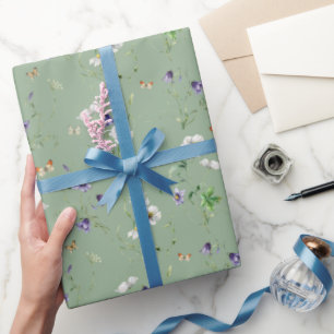 Wildflowers and Butterflies On Sage Green Wrapping Paper