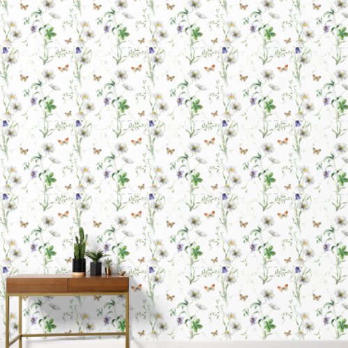 Wildflowers and Butterflies On White Wallpaper