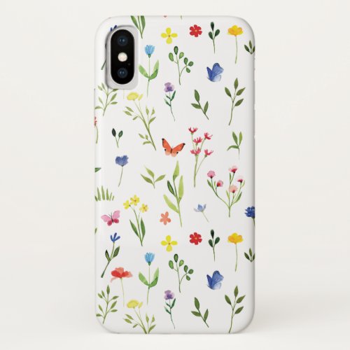 Wildflowers and Butterflies Watercolor Pattern iPhone X Case