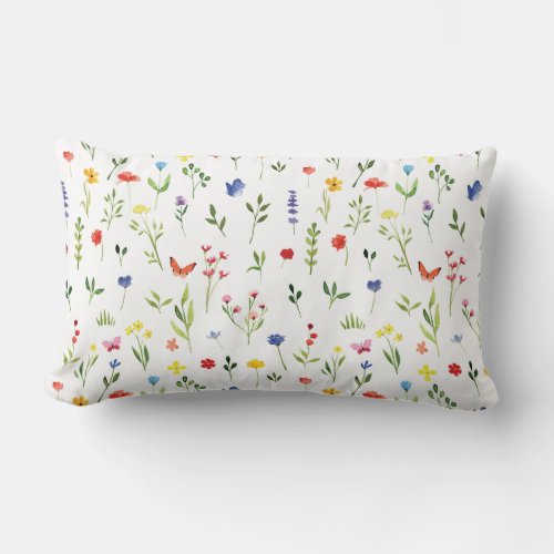 Wildflowers and Butterflies Watercolor Pattern Lumbar Pillow