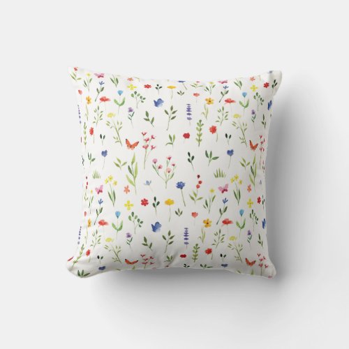 Wildflowers and Butterflies Watercolor Pattern Throw Pillow