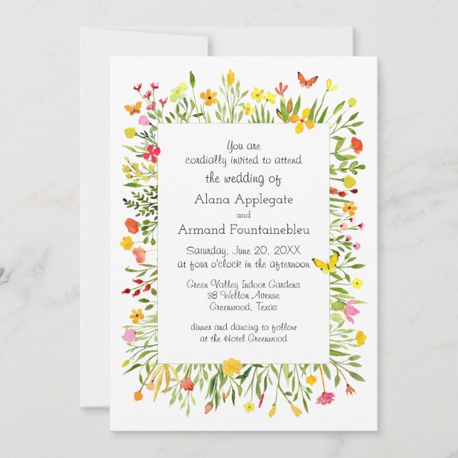 Wildflowers and Butterflies Watercolor Wedding Invitation (Front)
