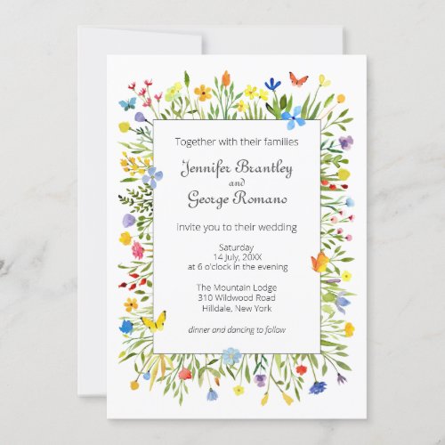 Wildflowers and Butterflies Watercolor Wedding Invitation