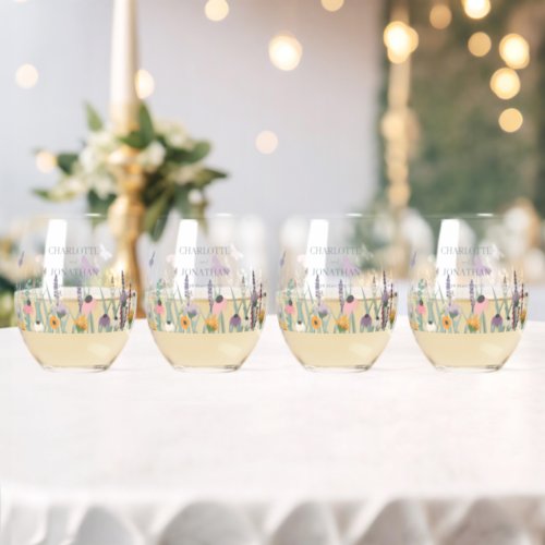 Wildflowers and Butterflies Wedding  Stemless Wine Glass