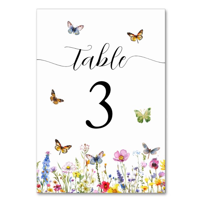 Wildflowers and Butterflies Wedding Table Number (Front)