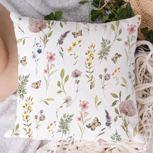 Wildflowers And Butterfly Watercolor   Throw Pillow (Creator Uploaded)