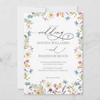 Wildflowers and Butterflys Modern Elegant Wedding Invitation