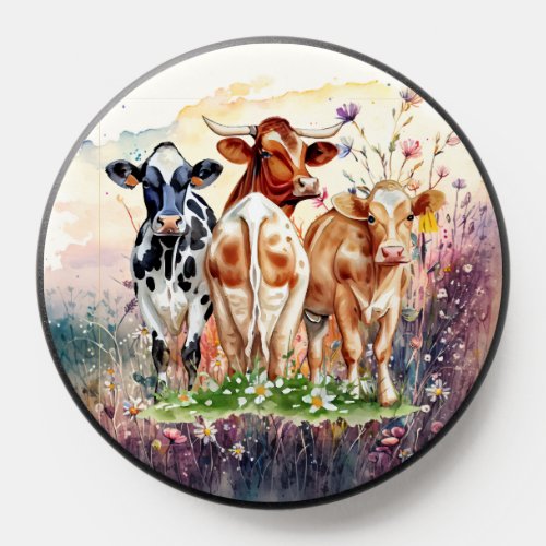 Wildflowers and Cows Watercolor Popgrips PopSocket