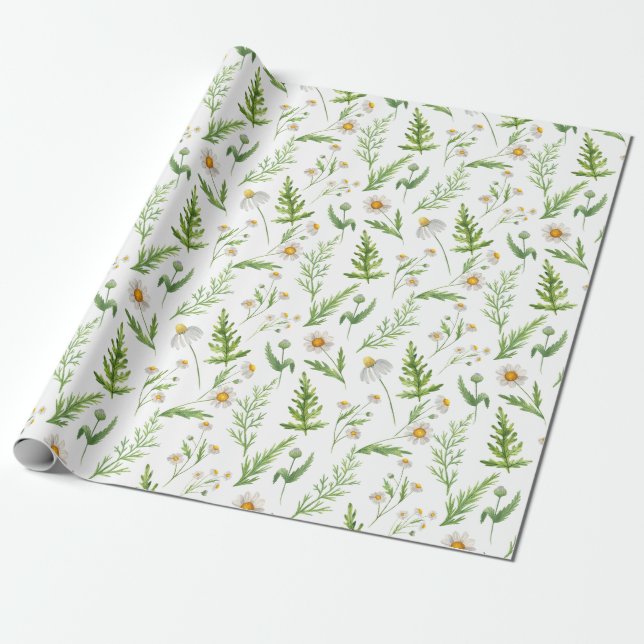 Wildflowers and Ferns Watercolor Wrapping Paper (Unrolled)