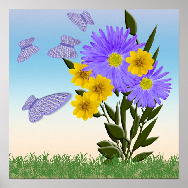 Wildflowers and Gingham Butterflies Poster (Front)