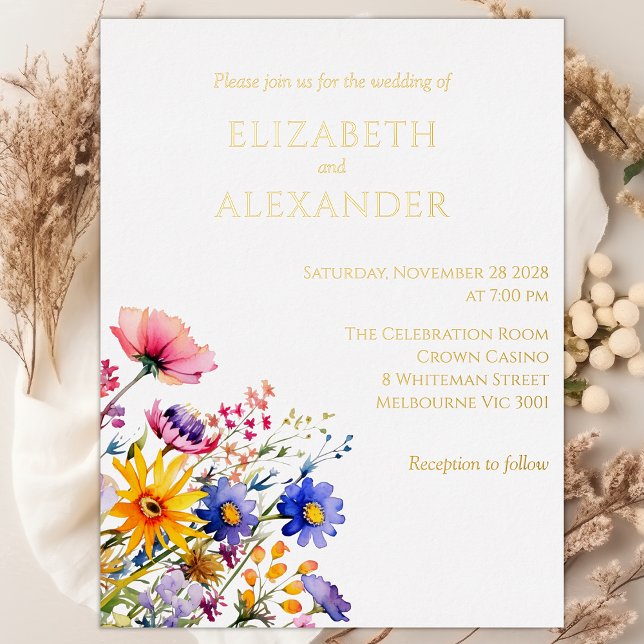 Wildflowers and Gold Foil Wedding Invitation  (Real Gold Foil Invitation)