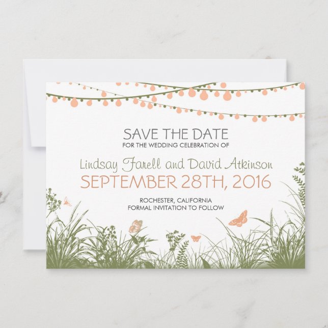 wildflowers and hanging lights save the date cards (Front)
