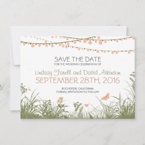 wildflowers and hanging lights save the date cards
