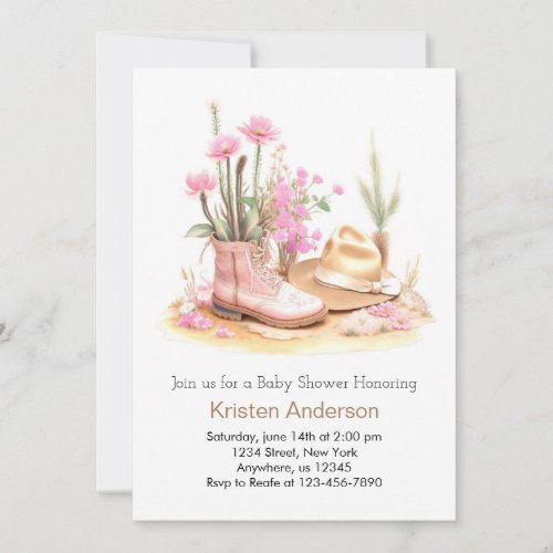 Wildflowers and Hat Watercolor Cowgirl Baby Shower Invitation