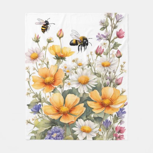 Wildflowers and Honey Bees Watercolor Fleece Blanket